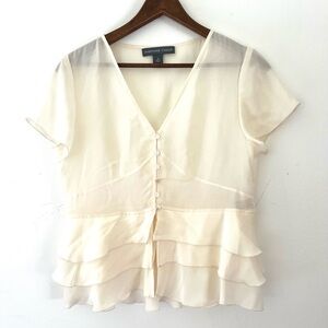 Josephine Chaus Ivory 100% Silk Size 8 Semi Sheer Short Sleeve Milk Maid Top